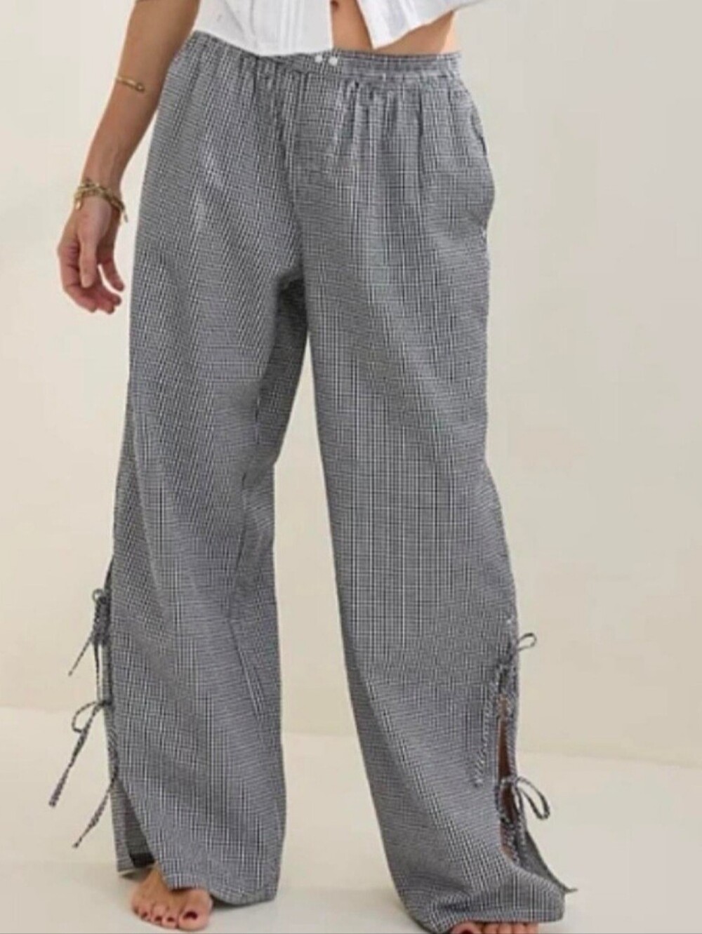 Aerie Off Duty Gingham Seersucker Side Tie Trouser PJ Pants XS Loungewear NWOT